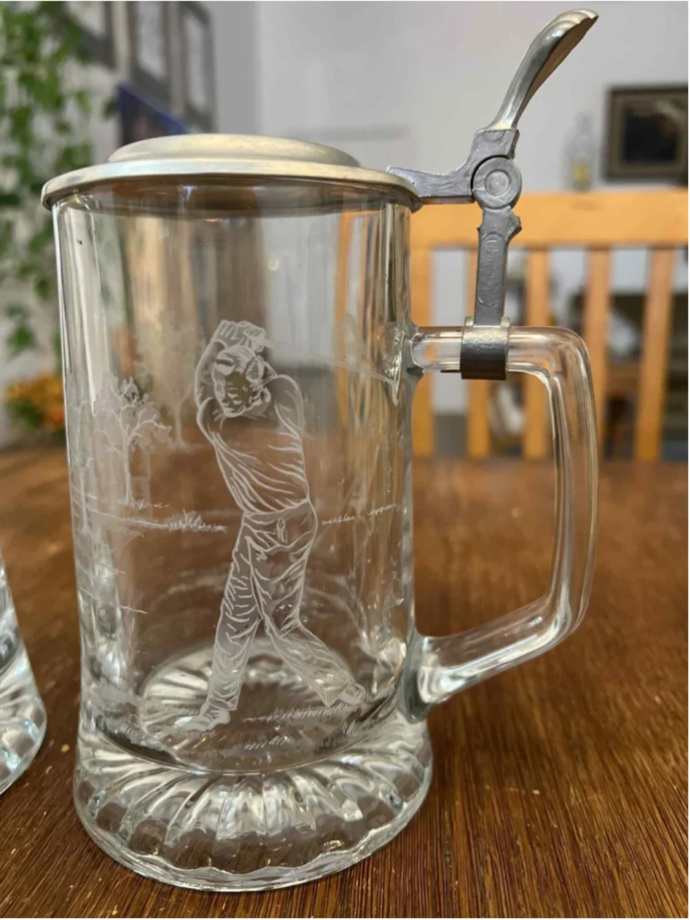 Vintage German Beer Stein Set Etched Glass Football Golf Sports Scenes Pewter